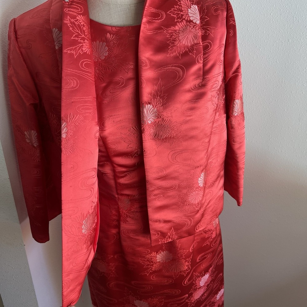 Vtg 60s Fou Wah Hong Kong Silk Satin Dress Red‎ Brocade Size XS/S w/Jacket- 2 pc